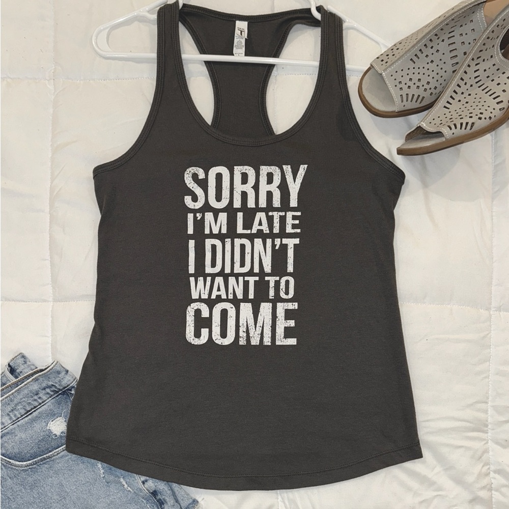 Charcoal Graphic Racerback Tank Top - L - “Sorry I’m Late”